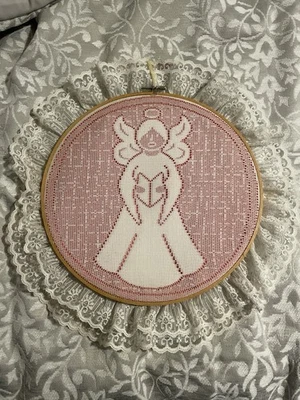Handmade Lace Angel Embroidery Hoop Wall Hanging – Vintage Style Décor – 10” - Image 1 of 2