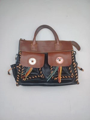 Vtg Dooney Bourke Bolero Black Brown Multicolor Fringe Leather Western Hand Bag - Image 1 of 4