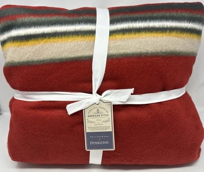Pottery Barn~Pendleton Yakima Faux Fur Back Stripe Throw 60x80~RED Multi NEW - Image 1 of 2