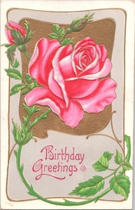 Postal de colección felicitaciones de cumpleaños en relieve fondo de oro rosa rojo 1908 - Imagen 1 de 2