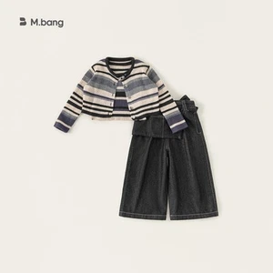 Girl Toddler Casual Three Piece Set With Striped Knit Tank Top And Denim Pants - Picture 1 of 10