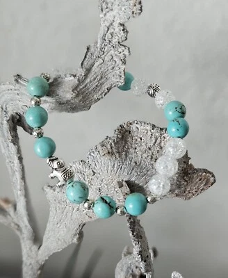Naturstein-Armband Türkis/ Quarzkristall Schmuck Elefant Glücksbringer - Bild 1 von 2