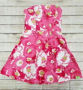 LILLY PULITZER STRAPLESS BLOOM CHERRY BEGONIAS HOTTYPINK FLORAL COTTON DRESS SZ6 - Picture 1 of 7
