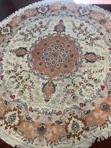 7 x 7 RUG ROUND Oriental Beige Gold Mauve wool  Tabrize hand-knotted