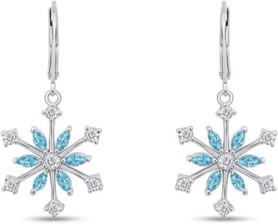 Snowflake Drop Dangle Earrings Simulated Aquamarine & CZ 925 Sterling Silver - Image 1 of 4