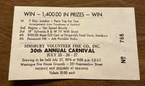 1974 Simsbury Volunteer Fire Co 30th Annual Carnival Raffle Ticket Connecticut - Picture 1 of 8