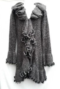 Slonl Damen Strickjacke Long Pullover Wollmischung Melange Grau Gr. L Kunstfell Vintage - Bild 1 von 9