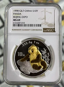 Moneda Panda Plata NGC MS69 1998 China Beijing Coin Expo 1oz - Imagen 1 de 2