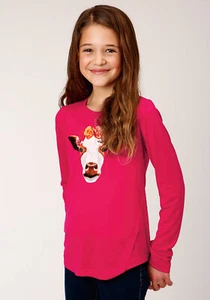 Roper Girls Red Poly/Rayon Floral Cow L/S T-Shirt - Picture 1 of 4