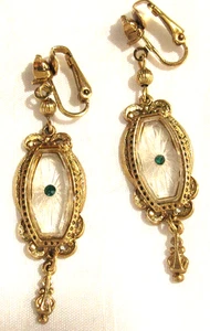 VTG Signed ART Arthur Pepper Gold Tone Green Rhinestone Dangle Clip-on Earrings - Picture 1 of 6