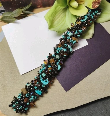 Encrusted MAGNETIC Bracelet Woven with TURQUOISE, Glass,  and Tigers Eye Beads! - Image 1 of 4