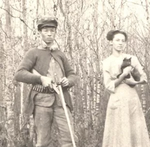 Hunter With Shotgun Girl Cat Clam Falls Wisconsin Real Photo Postcard - Picture 1 of 3