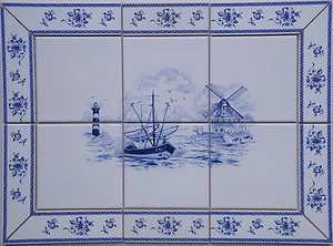 Fliesen Bild nach Delfter Art Dekor, 15x15 blau/ weiß, mit antiken Kachel Rand - Picture 1 of 1