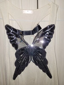 STUNNING UNUSUAL RIVER ISLAND SEQUIN BUTTERFLY BOW GOLD/BLACK VEST TOP SIZE 10 - Picture 1 of 4