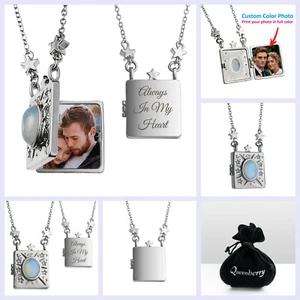Personalized Text Engraving UV Color Photo Opal Stone Locket Pendant Necklace - Picture 1 of 11