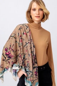 IVKO Bufanda Paño Lana Flores Cerezo Flores Beige Marrón Grande XXL 221680 - Imagen 1 de 5