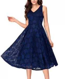 Noctflos Floral Lace Dress Sleeveless Midi Navy Blue Party Cocktail Size M NEW - Picture 1 of 4