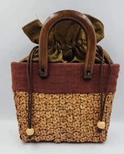 Woven Basket Lined Handbag Tote Bag Wood Handles Drawstring Closure-7.5x8.5x3. - Picture 1 of 12