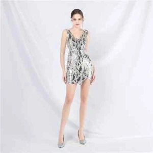 Vestido Mini Plateado Con Strass Y Paillette 08849 - Imagen 1 de 1