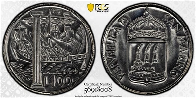 1973 SAN MARINO 100 LIRE The Dissemination of Culture Stainless Steel PCGS MS 66 - Image 1 of 3