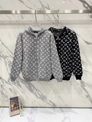 男式黑色/灰色拉链针织连帽套头衫 — 第 1/4 张图片