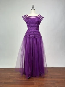 Vintage 1950s Bright Purple Taffeta Gown Fit and Flair with Cuffs - Picture 1 of 12