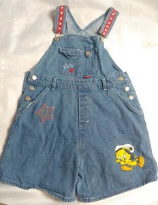LOONEY TUNES GIRLS SIZE 10 /12 SHORTALLS OVERALLS BLUE DENIM BIBS TWEEETY SHORTS - Picture 1 of 6