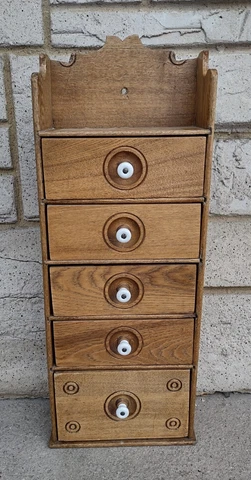 Antique Primitive Solid Oak 5 Drawer Kitchen Wall Spice Cabinet, Porcelain Knobs Cover