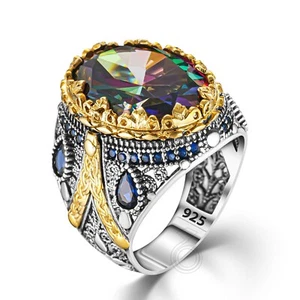 925 Sterling Silver Ottoman Turkish Handmade Oval Mystic Topaz Stone Men's Ring - Picture 1 of 4