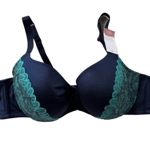 NWT Cacique Bra Lightly Lined Balconette UW Side Support Navy Aqua Blue Lace 46B - Picture 1 of 7