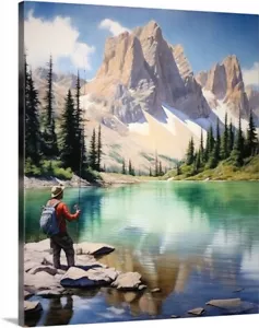 Pesca con mosca serpiente río Grand Tetons lienzo envoltura giclee arte impresión arte acuarela - Imagen 1 de 3
