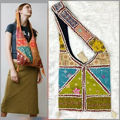 Genuine Vintage Silk Patchwork Embroidered Mirrored Hippie Gypsy Hobo Bag NWT - Image 1 of 4