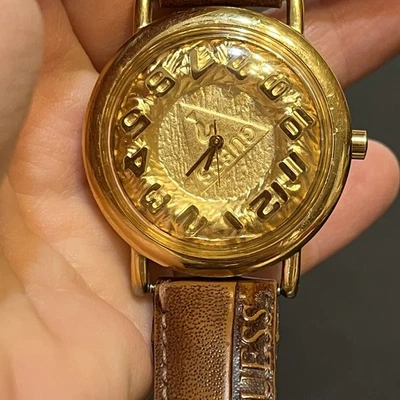 Vintage Guess Dome Watch Wristwatch Original Brown Leather Band Gold Tone 1996 - Image 1 of 4