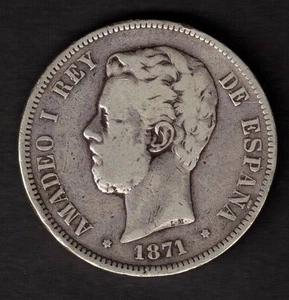 ESPAÑA MONEDA 5 PESETAS AMDEO I 1871 * 18 * 71 SDM PLATA - Picture 1 of 2