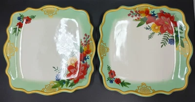 2 Pioneer Woman WINTER BOUQUET Square Plate 10.5" Scalloped Floral Green - Image 1 of 4