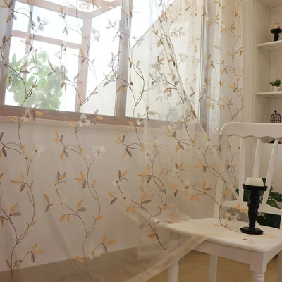 Juego de 2 Paneles Café Iris Flores Cortinas Transparentes Floral Semi Transparente Bordado... Foto 1 de 4