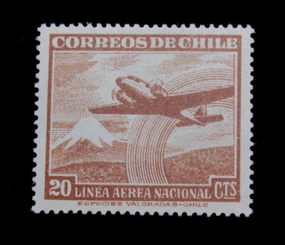 Estampillas de correo aéreo de Chile Sc C155 avión sobre montaña cubierta de nieve 20 C 1951 como nuevas MNH Foto 1 de 2