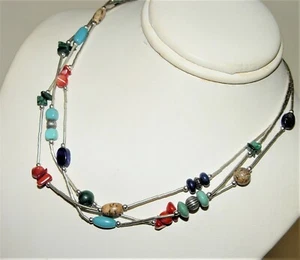 Southwestern Liquid Silver, Turquoise, malachite, agate, lapis Necklace 18-21" - Picture 1 of 8