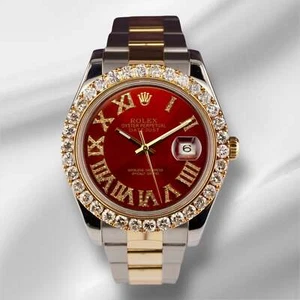 Rolex Men's Datejust 41mm 18k Gold & Steel Iced 3ct Diamonds Red Roman 116333 - Picture 1 of 11