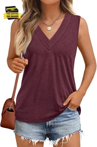 V Neck Tank Tops Womens Casual Sleeveless Flowy Vacation Summer Shirts ⭐️⭐️⭐️⭐️⭐ - Picture 1 of 5