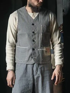 Rugged Bronson Heritage Railroad Vest Blue White Hickory Stripes Waistcoat Men - Picture 1 of 31