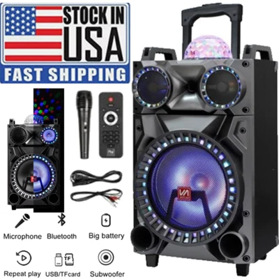 12" Portable Bluetooth Speaker Karaoke DJ PA System with LED Light Subwoofer Mic - Image 1 of 4
