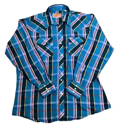 Camisa a presión Ely Plains Western Pearl para hombre azul a cuadros manga larga para hombre 16 1/2-34 Foto 1 de 4