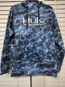 Huk Fishing Hoodie Mens S Blue Water  Camo Performance Hooded W/ Logo Drawstring - Picture 1 of 9