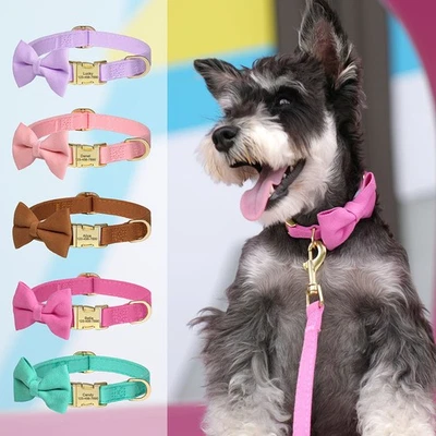 Personalized Dog Collar Soft Bowk tie Custom Pet Puppy Collars Name Engraved - Image 1 of 4