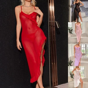 Sexy Damen Lange Nachtkleid Babydoll Nachtwäsche Reizwäsche Dessous Trägerkleid - Bild 1 von 24