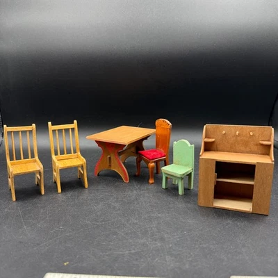 Dollhouse Miniatures 1:12 Chairs Table Hutch Side Desk Lot 6 Piece Set Simple - Image 1 of 4