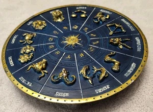 Zodiac Astrology Signs Incense Burner Stick Holder Blue Gold Circular Dial - Picture 1 of 6