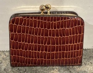 Kleine Japan Kisslock Geldbörse braun Leder 2" x 2 1/2" Tierhautmuster Vintage - Bild 1 von 7