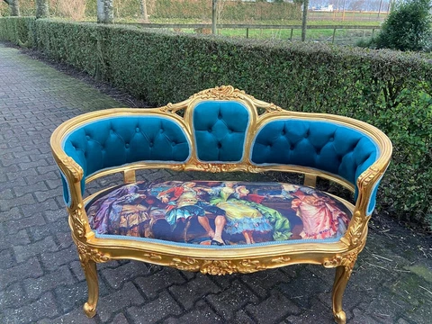 French Louis XVI Style Corbeille Settee in Royal Blue Velvet and Scenery Cover